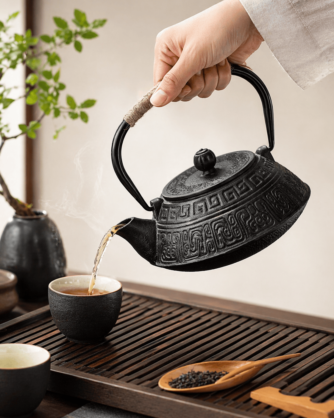 Japanse platte gietijzeren theepot 900 ml zwart met geometrisch motief