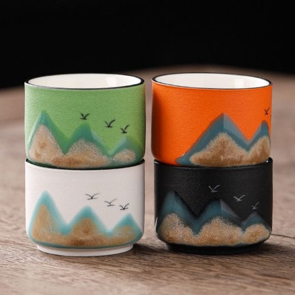 Keramisch theeservies met bergmotief – theepot 360 ml en 4 kopjes