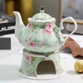 Keramische theepot met warmhouder 400 ml en groene bloemen – klassieke theepotset