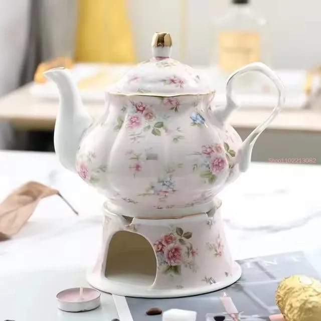 Keramische theepot met warmhouder 400 ml en roze bloemen – romantische theepotset