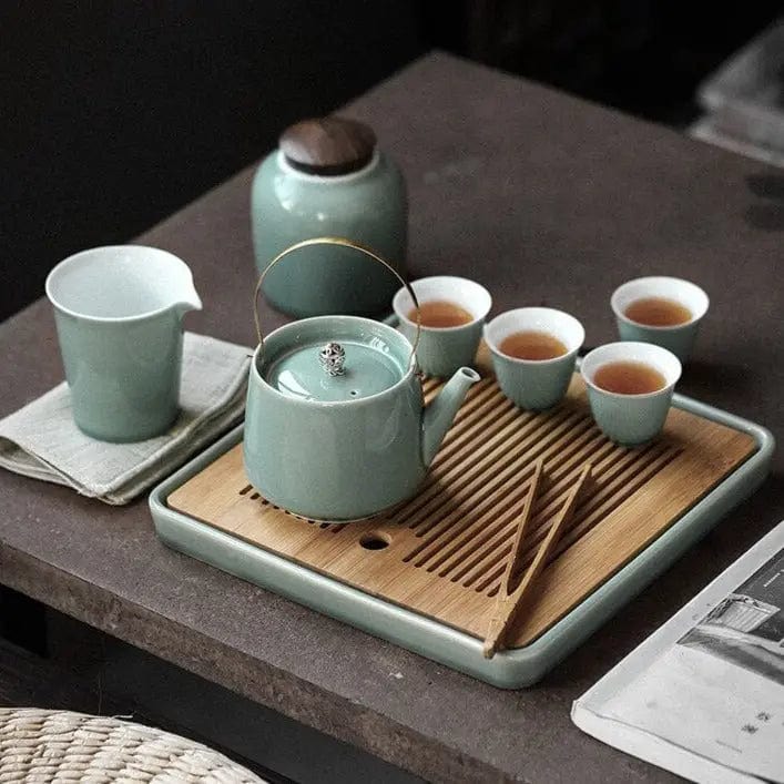Luxe Japanse keramische theeset met houten dienblad – theepot 350 ml en 6 of 8 kopjes
