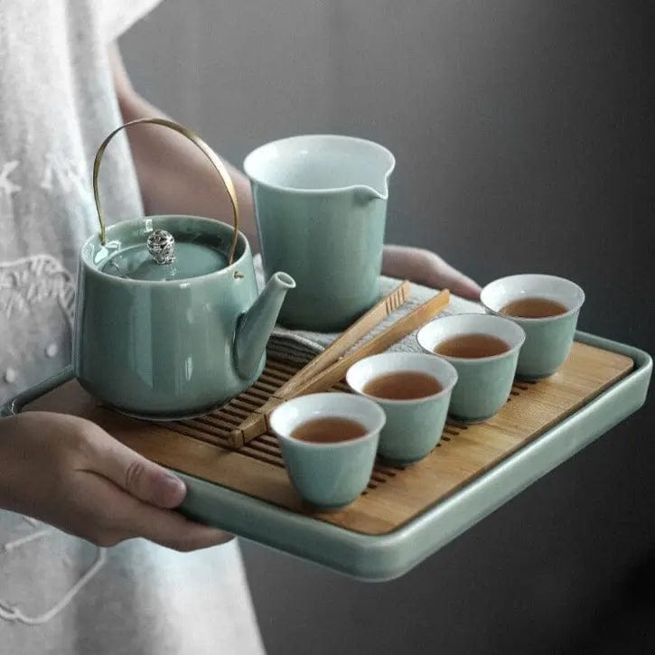 Luxe Japanse keramische theeset met houten dienblad – theepot 350 ml en 6 of 8 kopjes