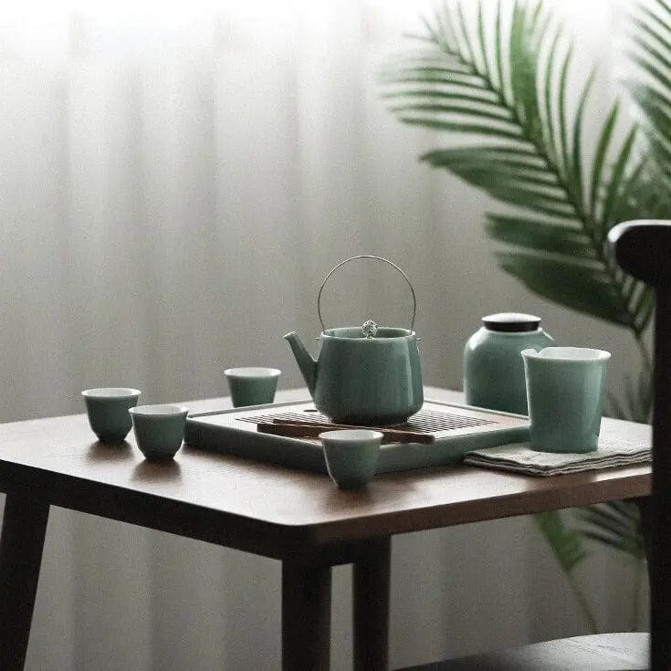 Luxe Japanse keramische theeset met houten dienblad – theepot 350 ml en 6 of 8 kopjes