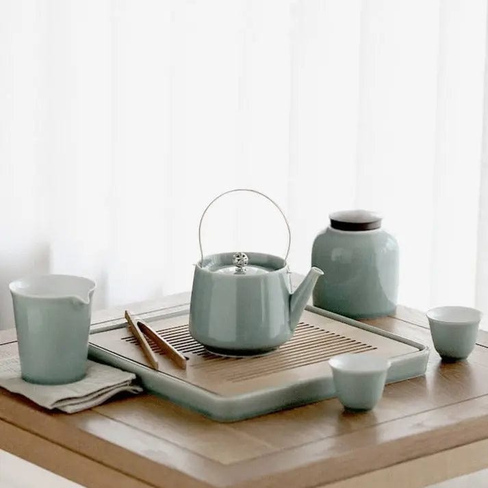 Luxe Japanse keramische theeset met houten dienblad – theepot 350 ml en 6 of 8 kopjes