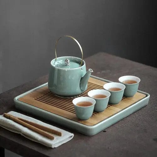 Luxe Japanse keramische theeset met houten dienblad – theepot 350 ml en 6 of 8 kopjes