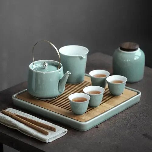 Luxe Japanse keramische theeset met houten dienblad – theepot 350 ml en 6 of 8 kopjes