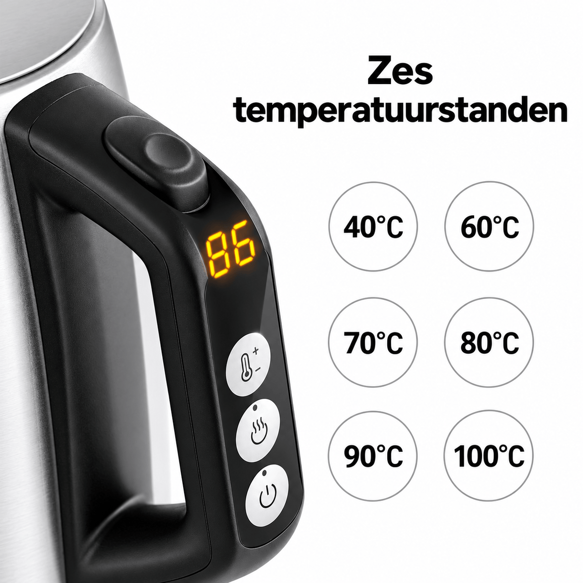 Midea RVS waterkoker 1,7 liter – 6 temperatuurstanden