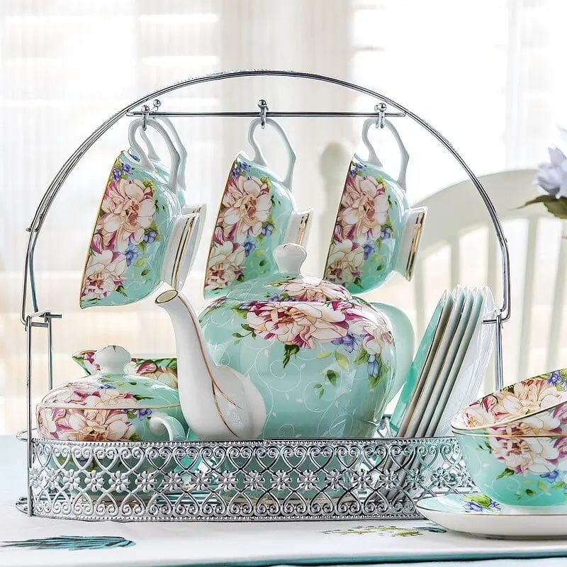 Originele Engelse porseleinen theeset met draagrek – theepot 1,4L en 6 kopjes