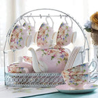 Originele Engelse porseleinen theeset met draagrek – theepot 1,4L en 6 kopjes