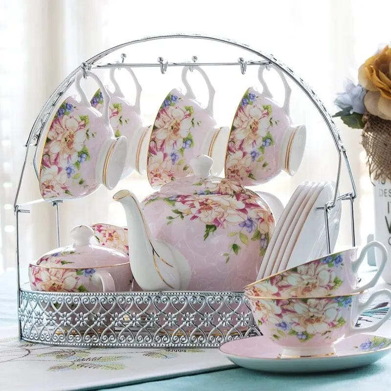 Originele Engelse porseleinen theeset met draagrek – theepot 1,4L en 6 kopjes