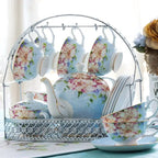 Originele Engelse porseleinen theeset met draagrek – theepot 1,4L en 6 kopjes