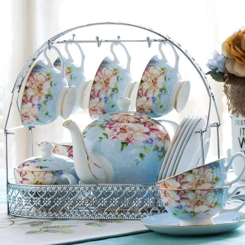 Originele Engelse porseleinen theeset met draagrek – theepot 1,4L en 6 kopjes