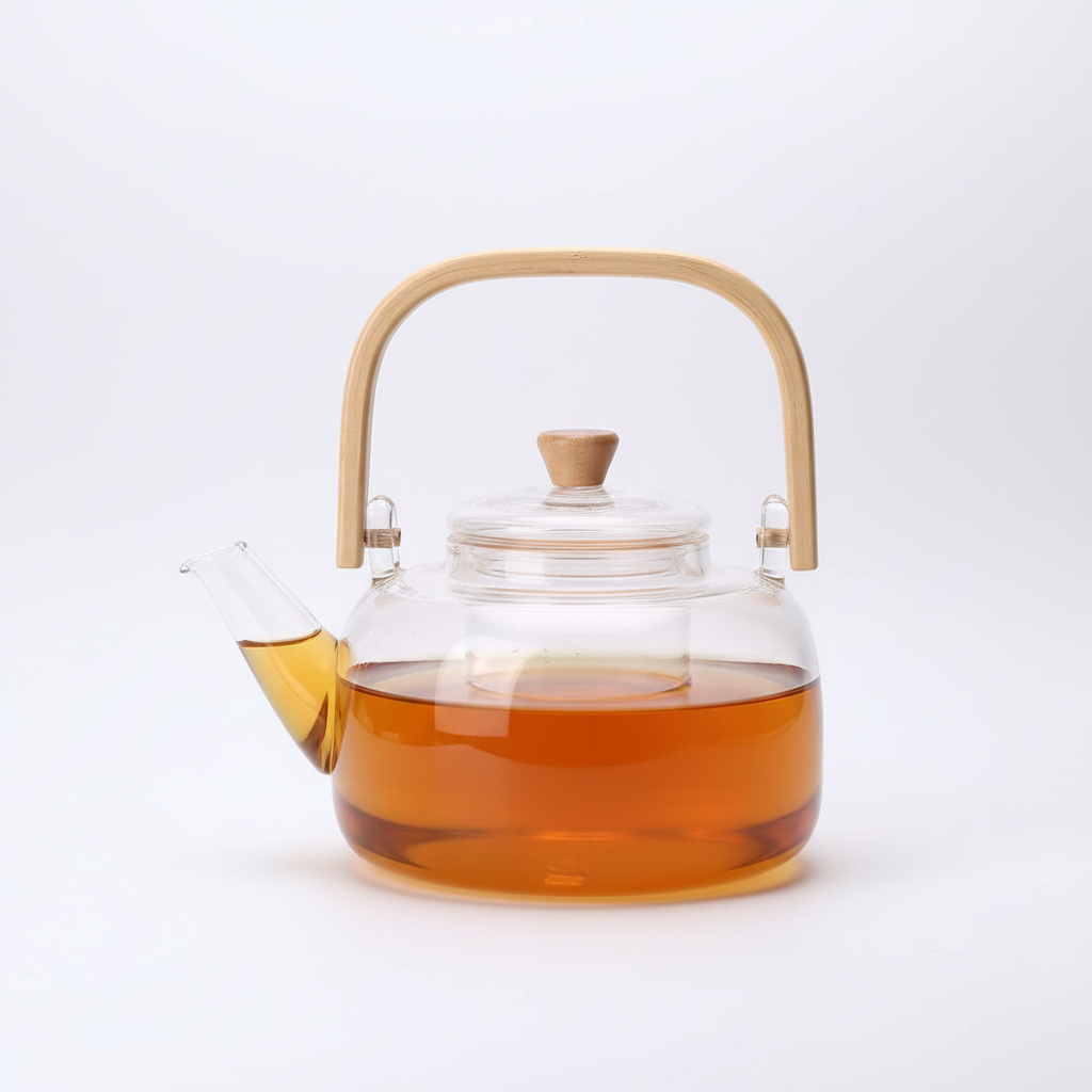 Scandinavische glazen theepot 1L met infuser en bamboe handvat - afbeelding 2