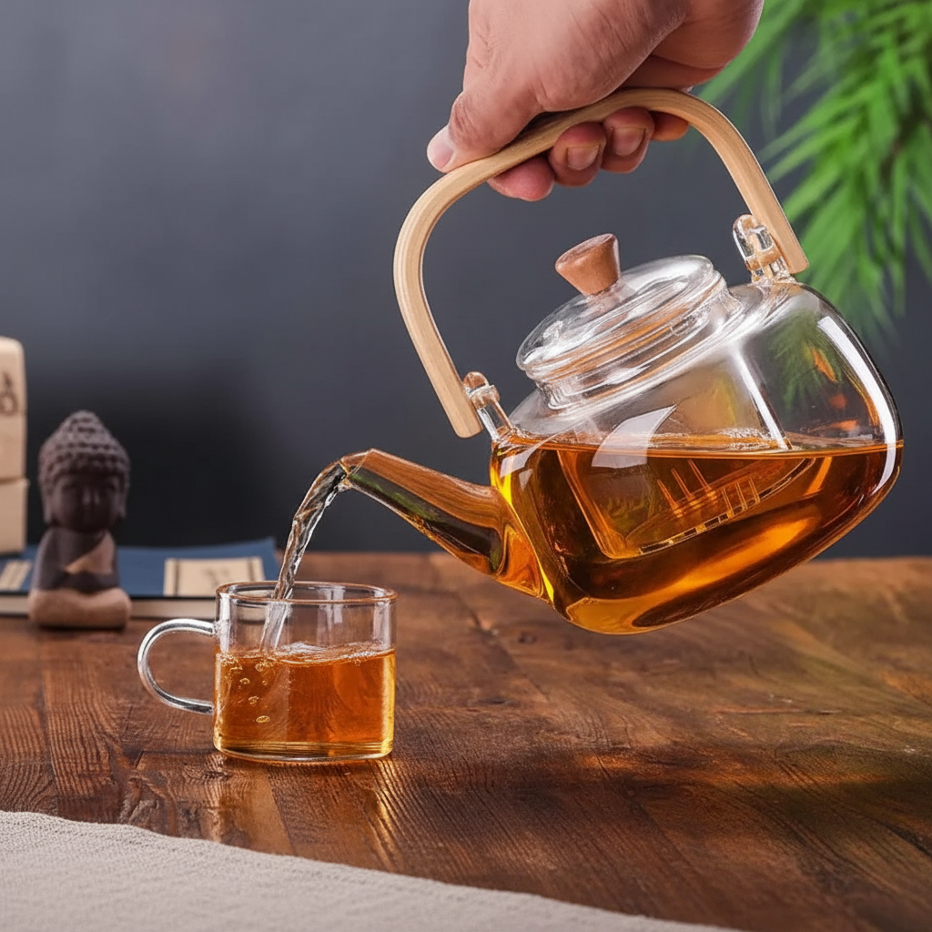Scandinavische glazen theepot 1L met infuser en bamboe handvat - afbeelding 3