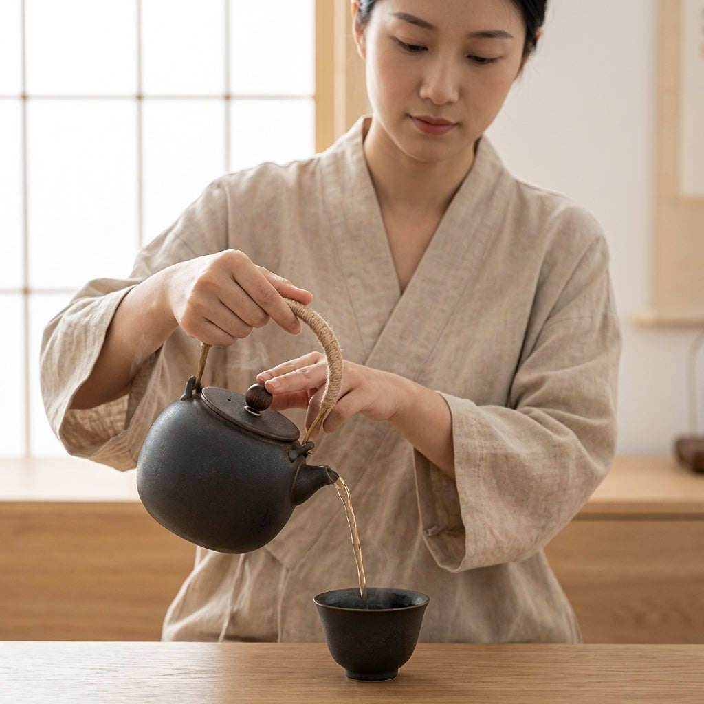 Japanse keramische theepot 475 ml met vintage design en handvat met touw - afbeelding 3