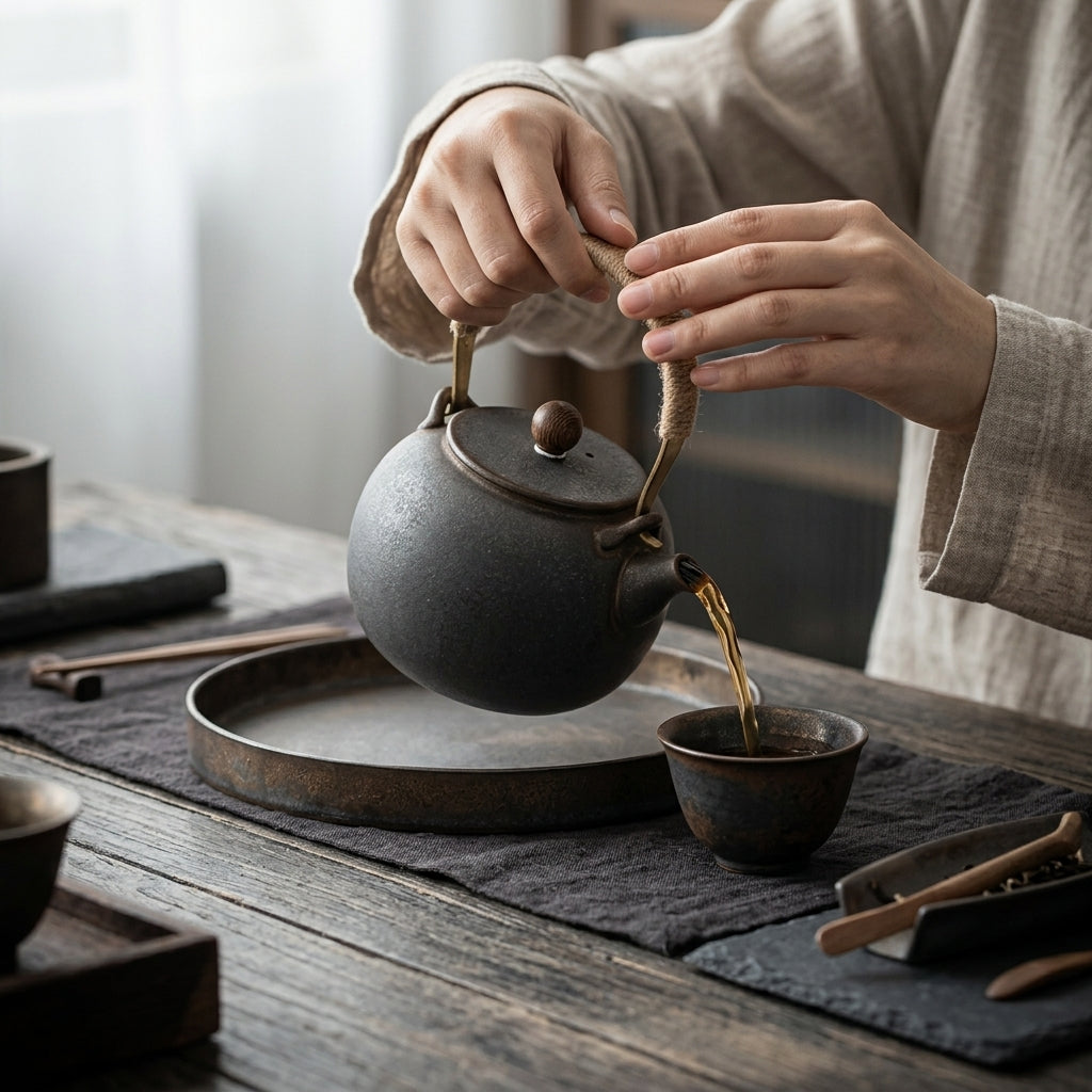 Japanse keramische theepot 475 ml met vintage design en handvat met touw