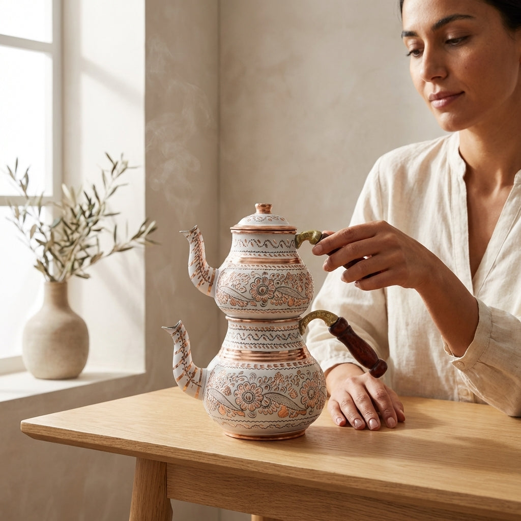 White Turkish double layer copper teapot 1.6L + 900ml - traditional teapot