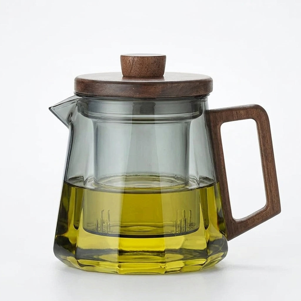 Glazen Theepot Scandinavisch Design – Walnoot Handgreep en Infuser – Borosilicaat – 500ml / 700ml