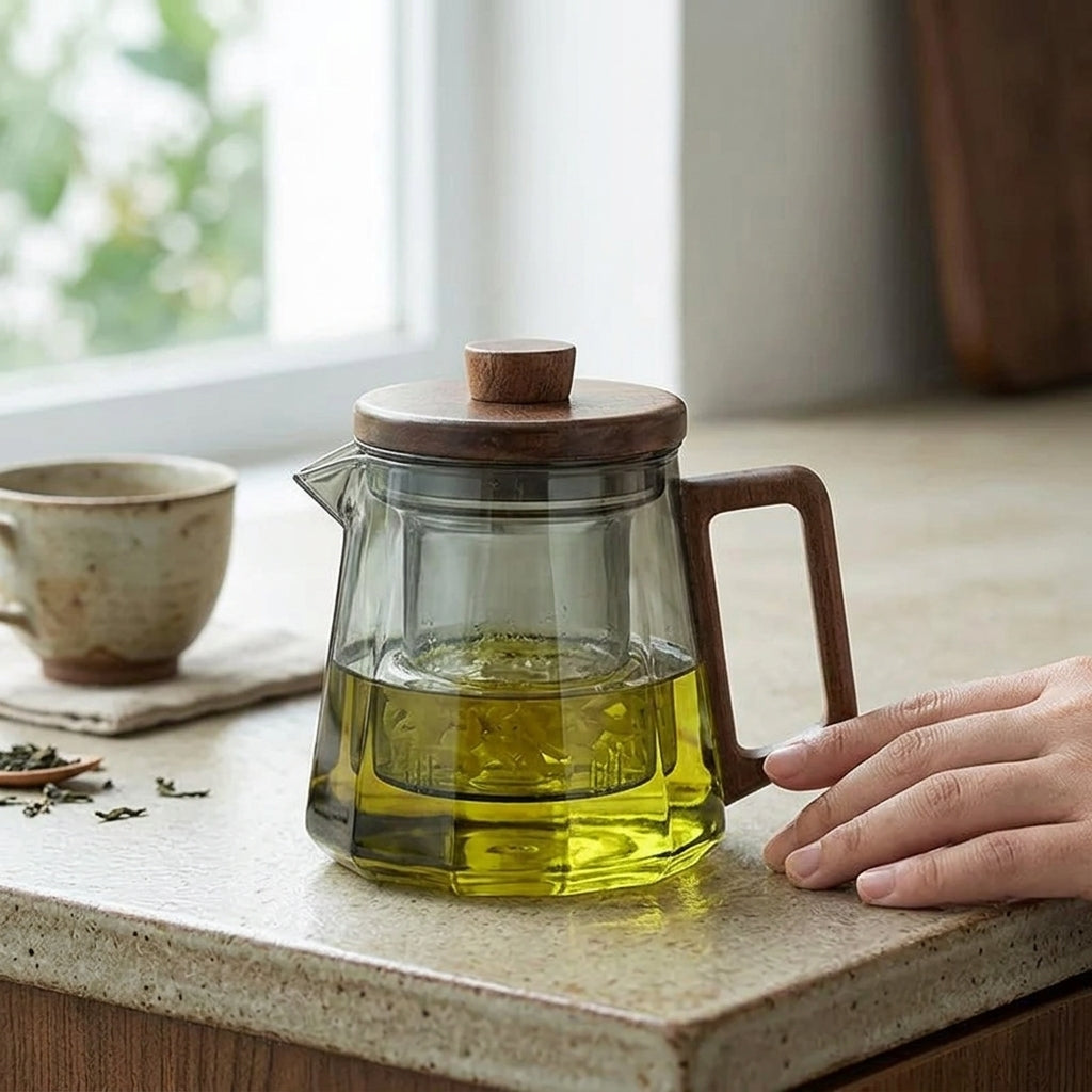 Glazen Theepot Scandinavisch Design – Walnoot Handgreep en Infuser – Borosilicaat – 500ml / 700ml