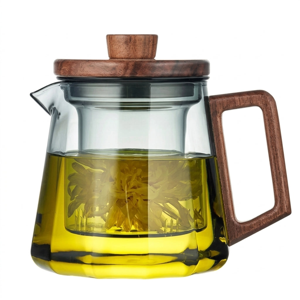 Glazen Theepot Scandinavisch Design – Walnoot Handgreep en Infuser – Borosilicaat – 500ml / 700ml