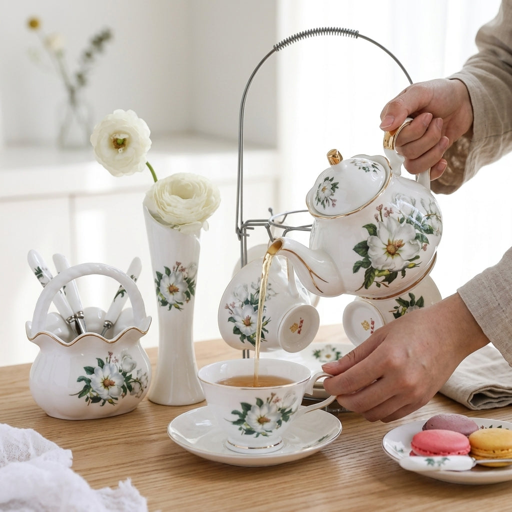 Engelse porseleinen theeset met witte bloemen – theepot 500 ml en 4 kopjes
