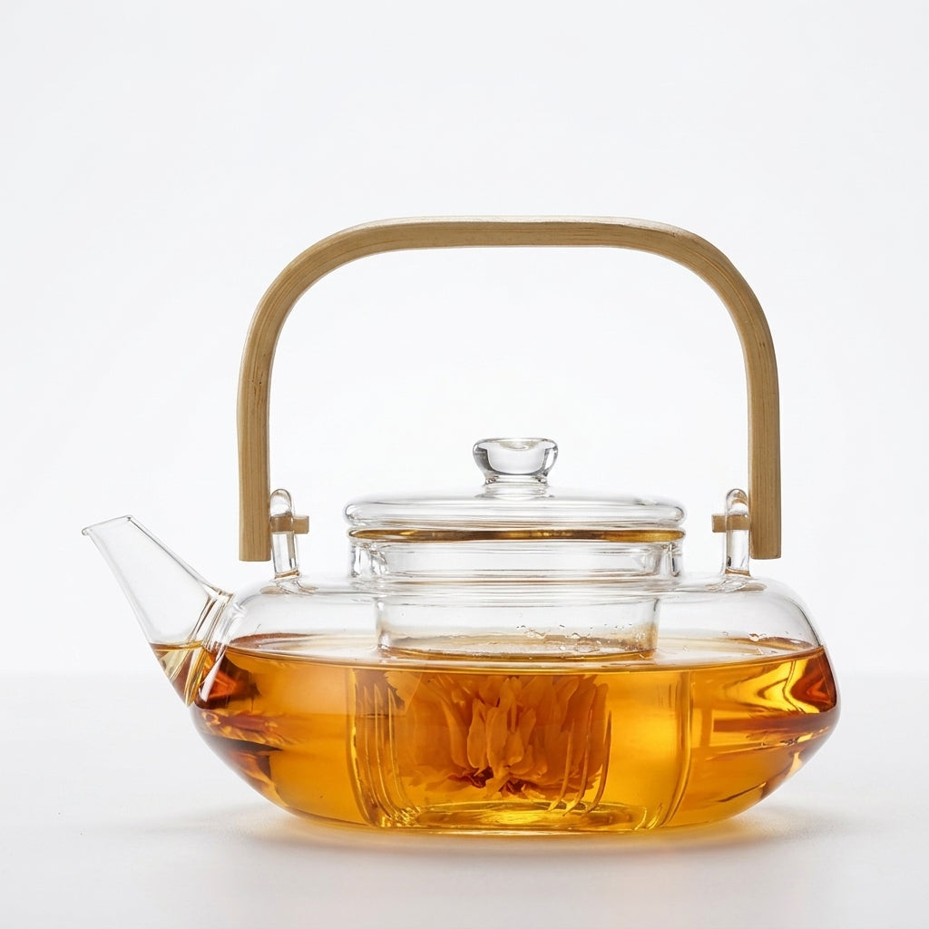 Scandinavische platte glazen theepot 800 ml met houten handgreep