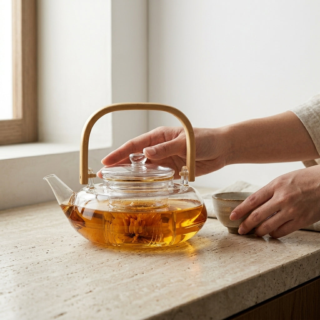 Scandinavische platte glazen theepot 800 ml met houten handgreep