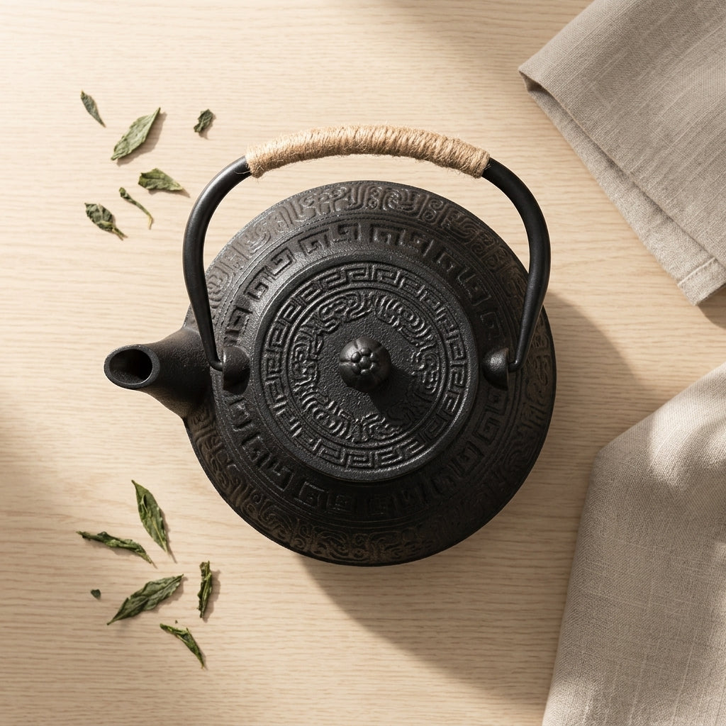 Japanse platte gietijzeren theepot 900 ml zwart met geometrisch motief