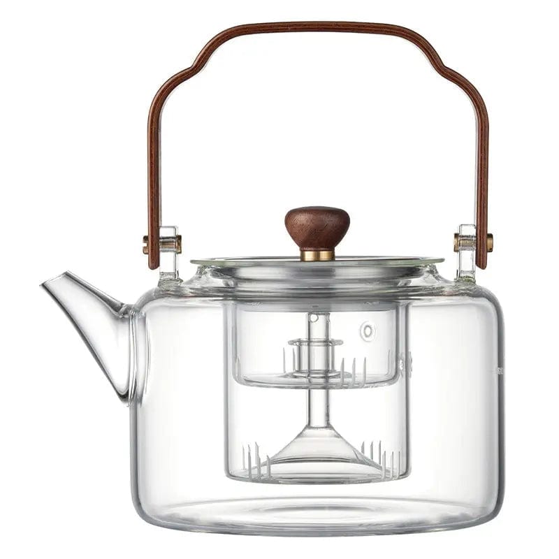 Premium Chinese glazen theepot 1,3L met houten handvat en glazen infuser
