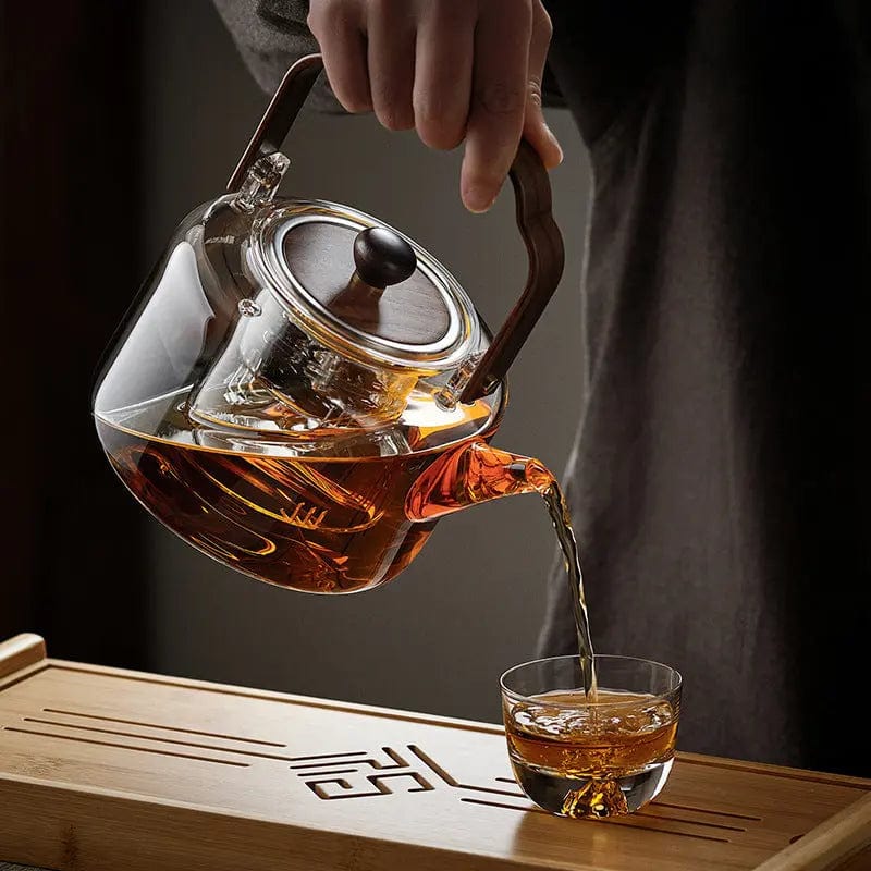 Premium Chinese glazen theepot 1,3L met houten handvat en glazen infuser