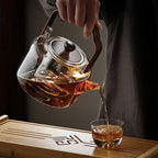 Premium Chinese glazen theepot 1,3L met houten handvat en glazen infuser
