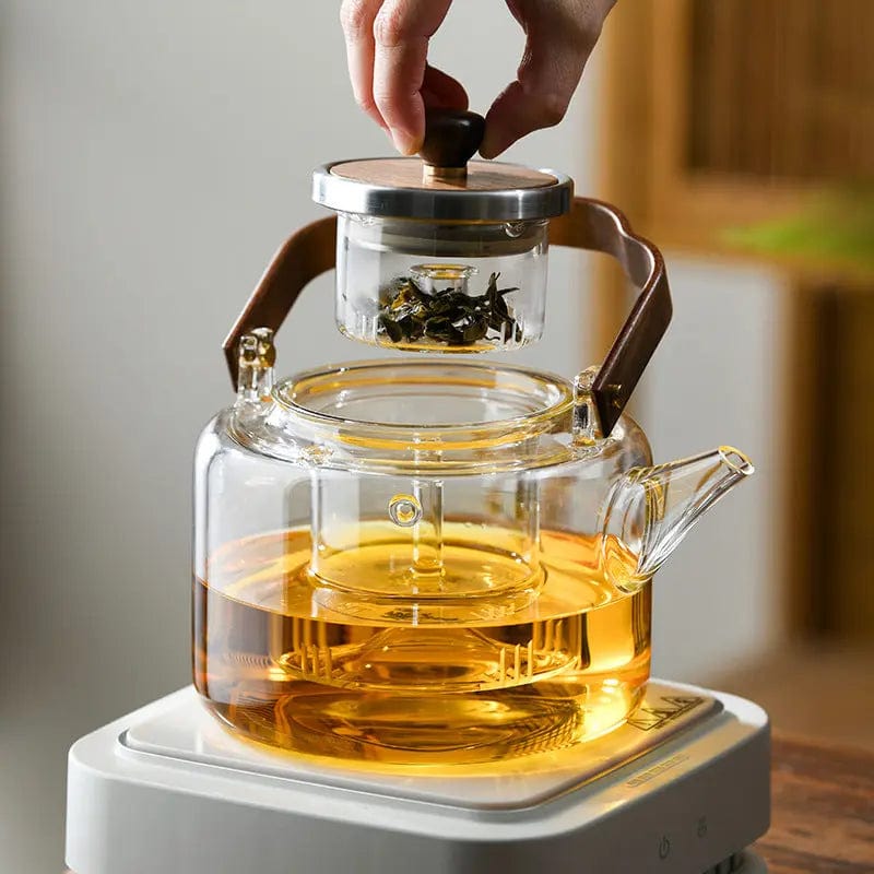 Premium Chinese glazen theepot 1,3L met houten handvat en glazen infuser