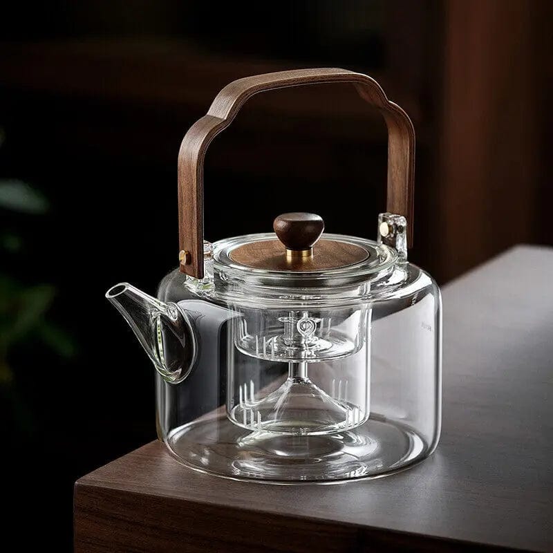Premium Chinese glazen theepot 1,3L met houten handvat en glazen infuser