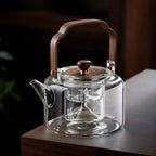 Premium Chinese glazen theepot 1,3L met houten handvat en glazen infuser