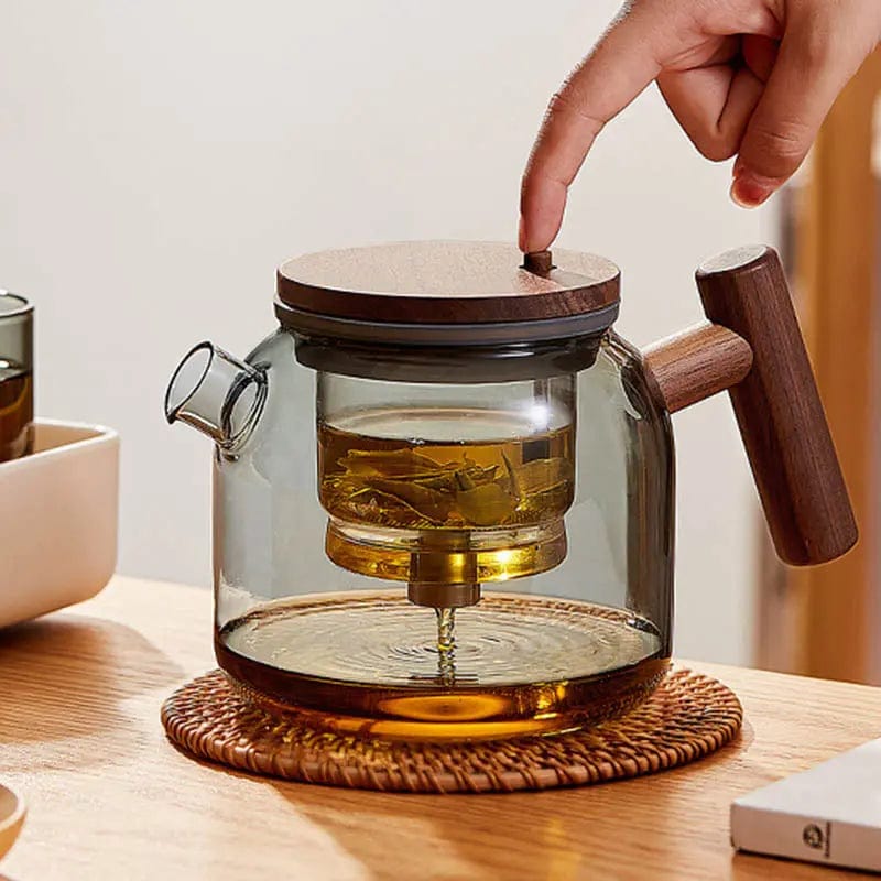 Ronde theepot van glas en hout met infuserknop 700 ml
