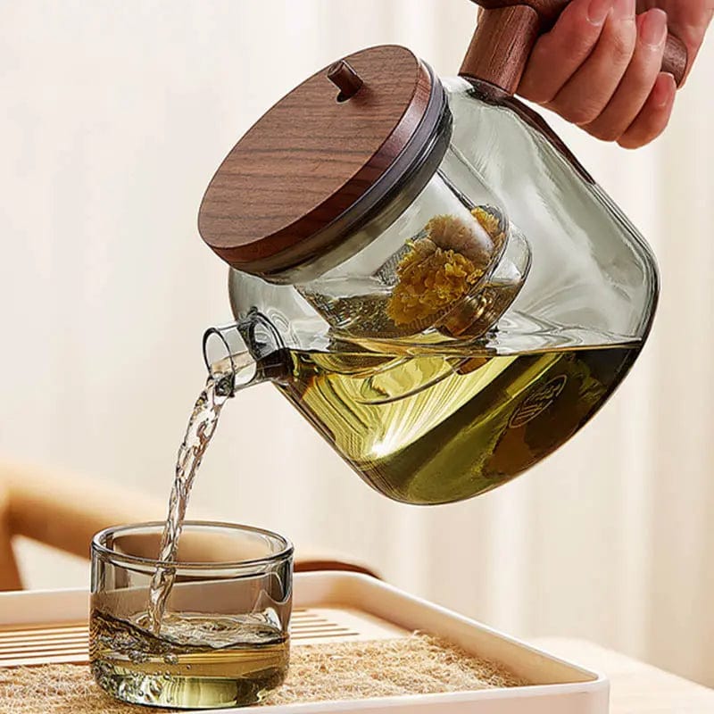 Ronde theepot van glas en hout met infuserknop 700 ml