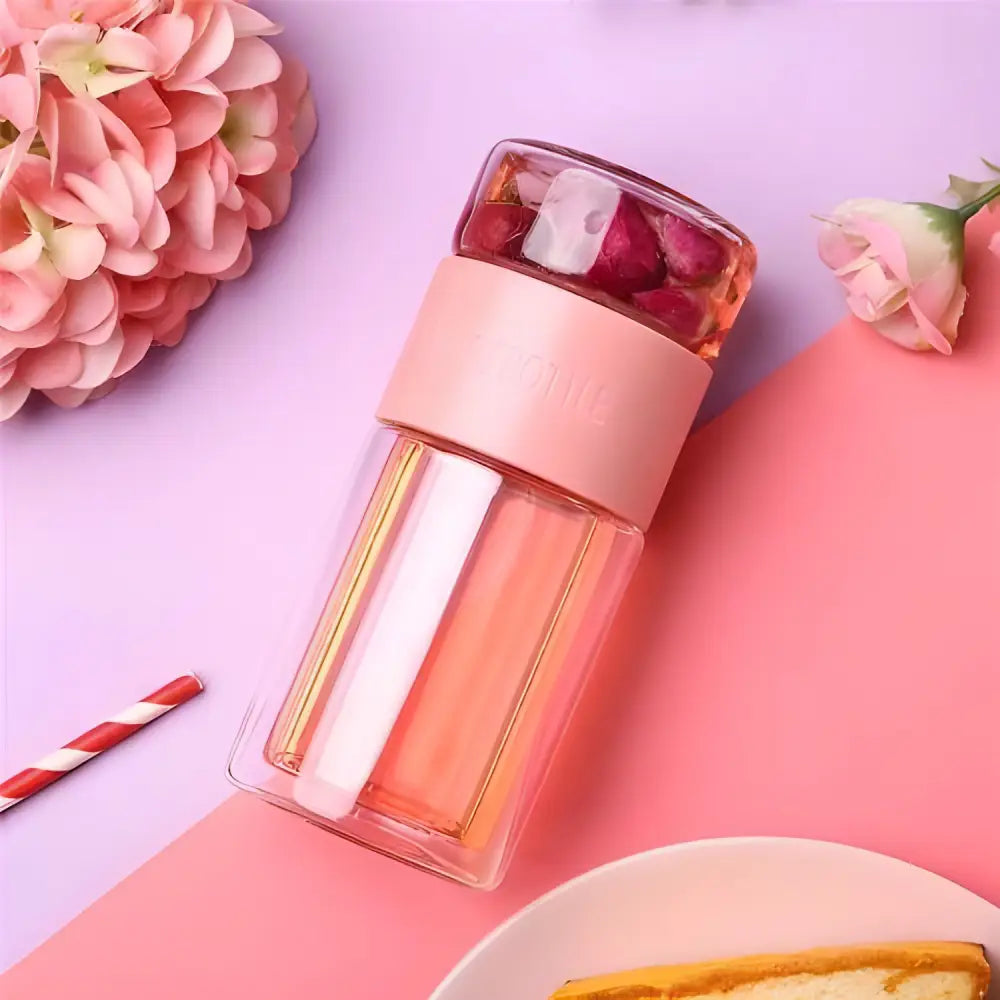 Roze glazen theefles 200 ml met infuser