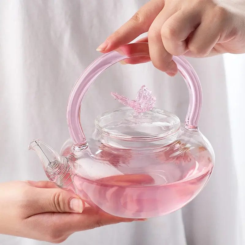Roze glazen theepot met vlinder 700ml