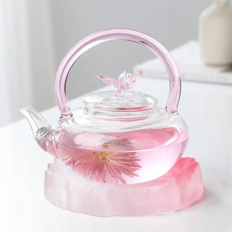 Roze glazen theepot met vlinder 700ml