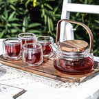 Scandinavisch theeservies van glas en acaciahout, 600 ml