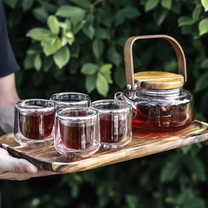 Scandinavisch theeservies van glas en acaciahout, 600 ml