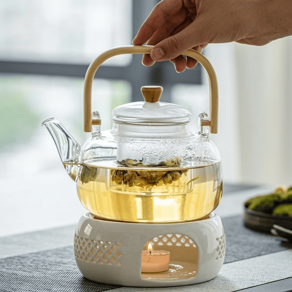 Scandinavische glazen theepot 1L met infuser en bamboe handvat