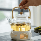 Scandinavische glazen theepot 1L met infuser en bamboe handvat