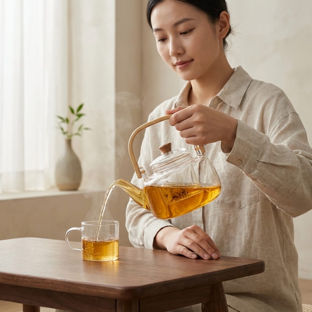 Scandinavische glazen theepot 1L met infuser en bamboe handvat