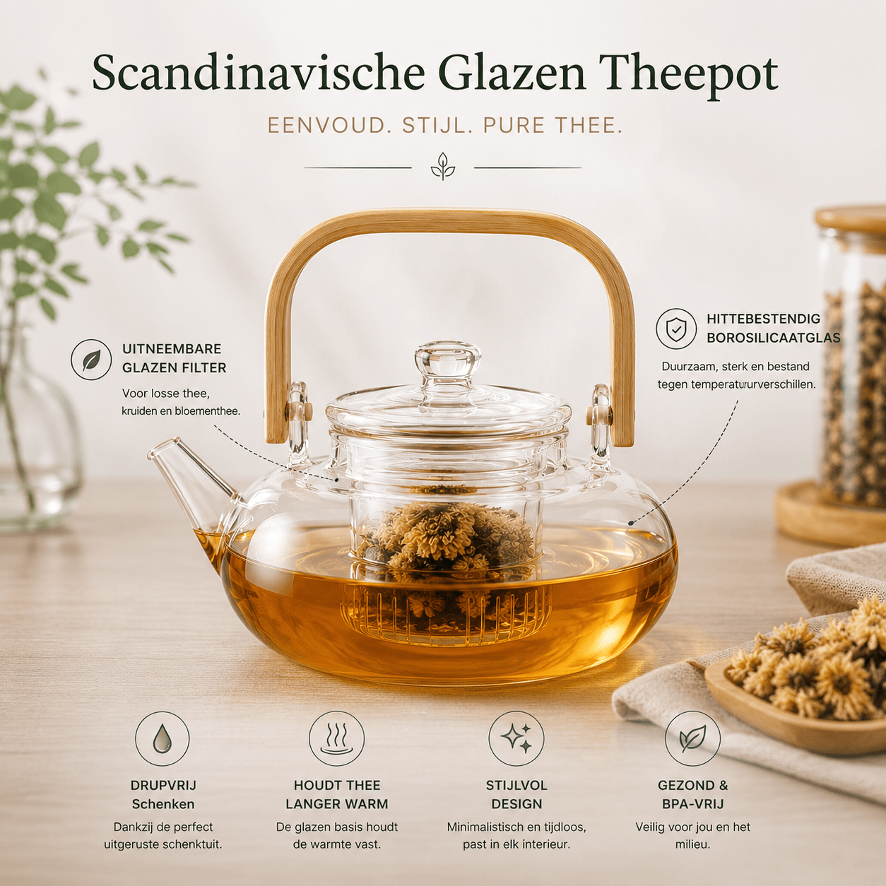 Scandinavische glazen theepot 800 ml met filter – borosilicaatglas