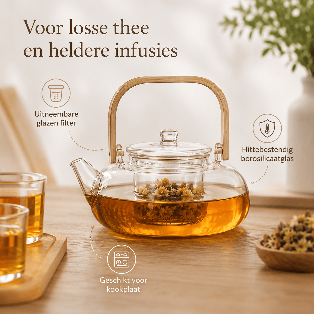 Scandinavische glazen theepot 800 ml met filter – borosilicaatglas