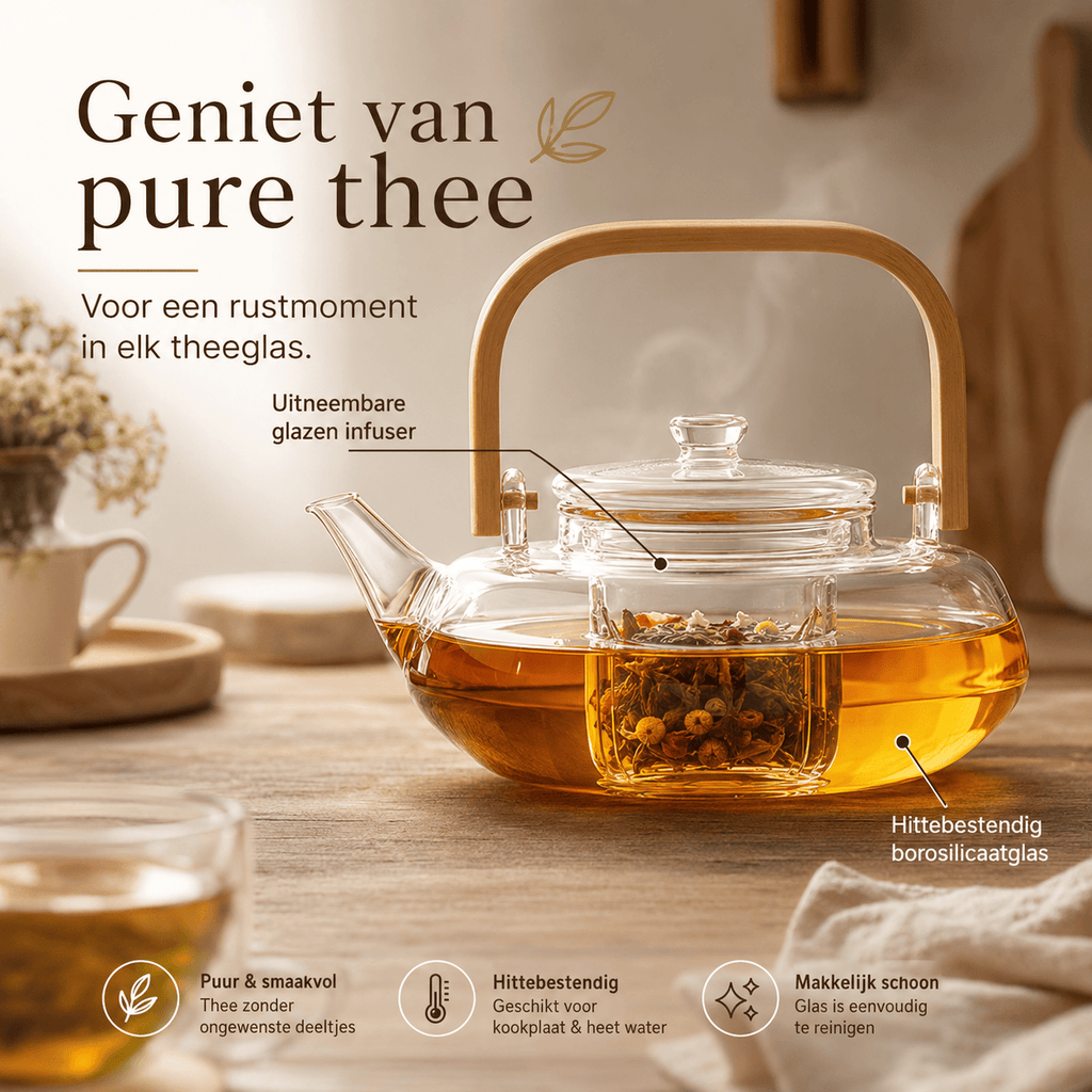 Scandinavische glazen theepot 800 ml met filter – borosilicaatglas