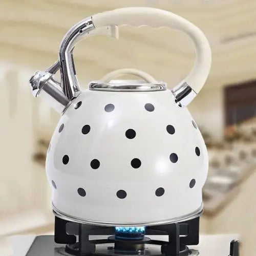 Witte RVS fluitketel 3,5 liter met stippen