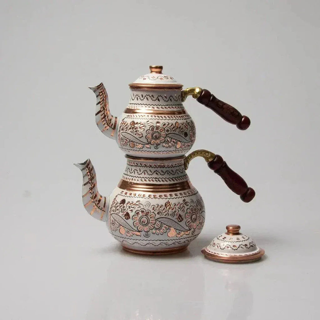 Witte Turkse dubbellaagse koperen theepot 1,6L + 900 ml