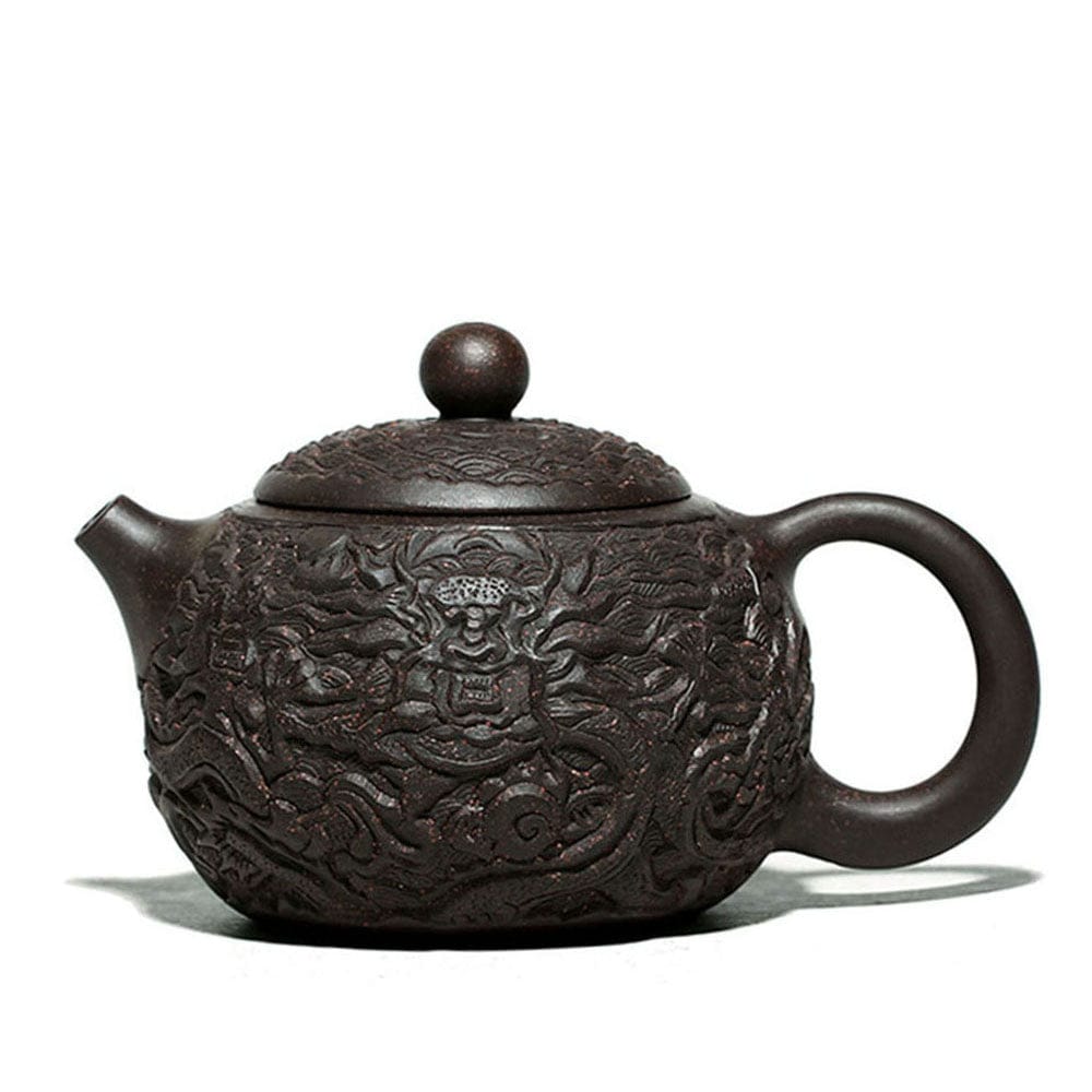 Yixing theepot 300 ml van zwarte klei met drakenreliëf